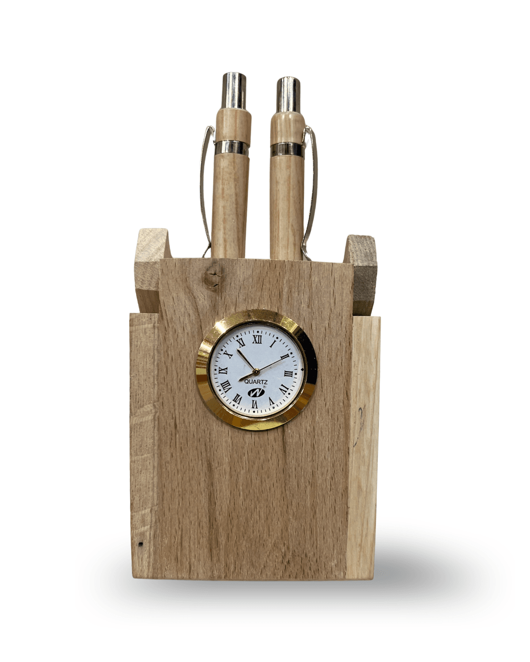 Wooden Pen holder with clock