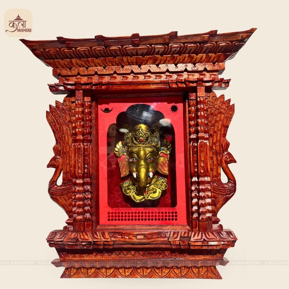 12" Ganesh Mask with Wooden Peacock / Mayur Frame