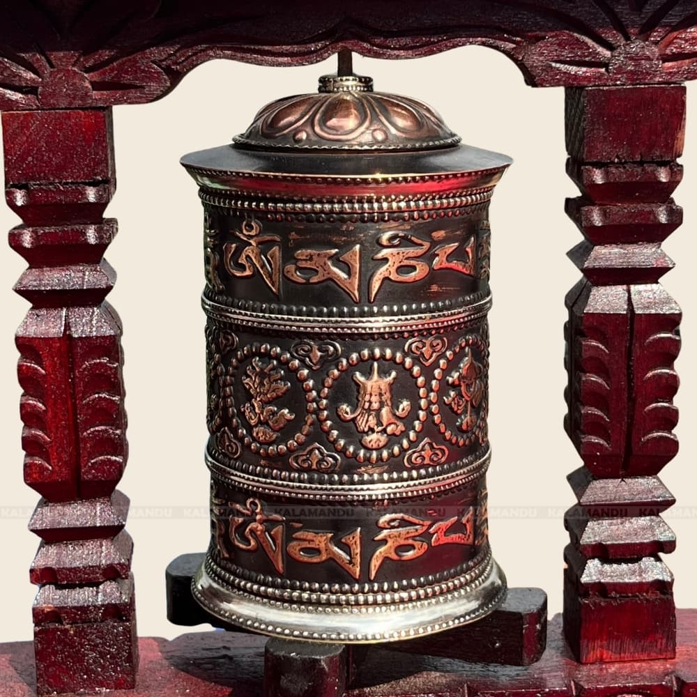10" Astamangle Prayer Wheel on Wooden Frame with Base thumbnail 2