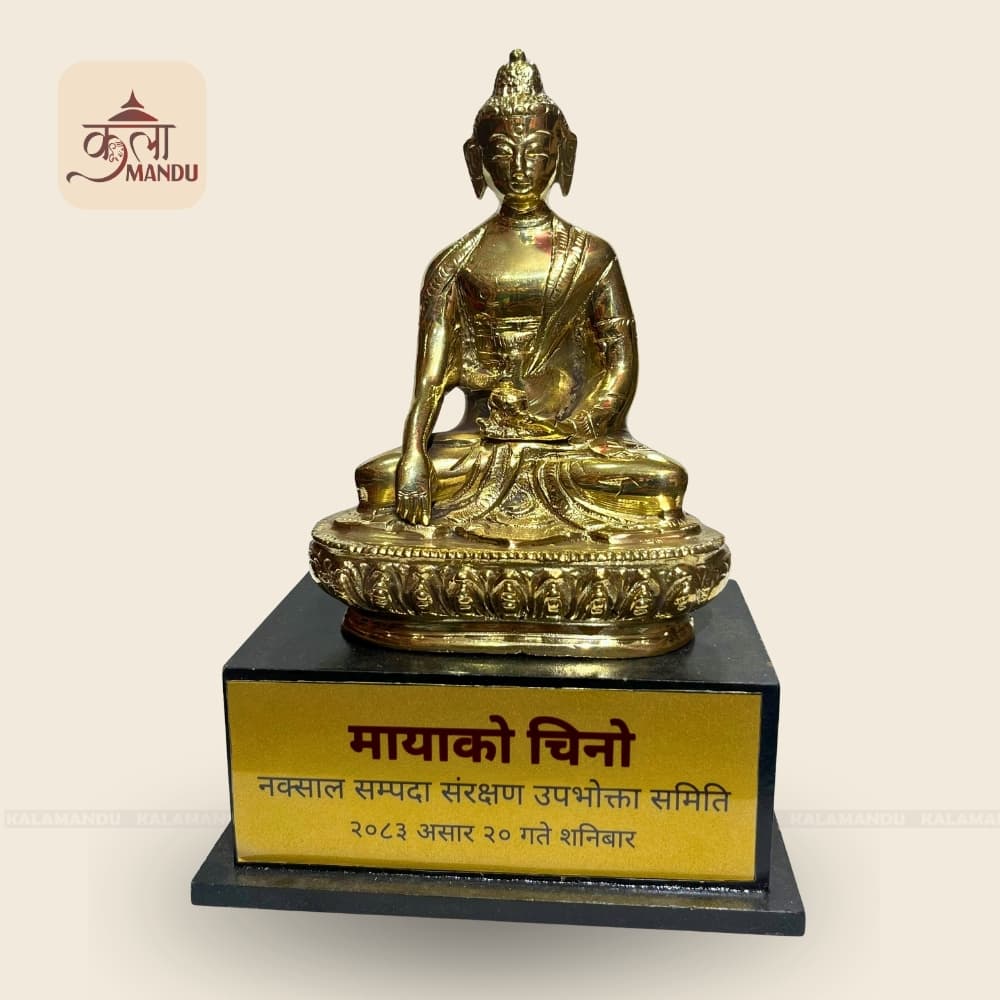 6" Brass Buddha Statue with Wooden Base