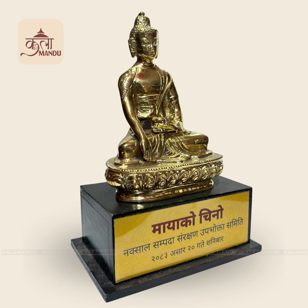 6" Brass Buddha Statue with Wooden Base thumbnail 2