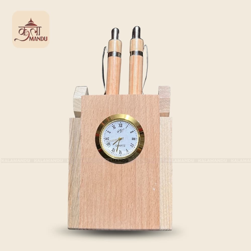 Wooden Pen holder with clock