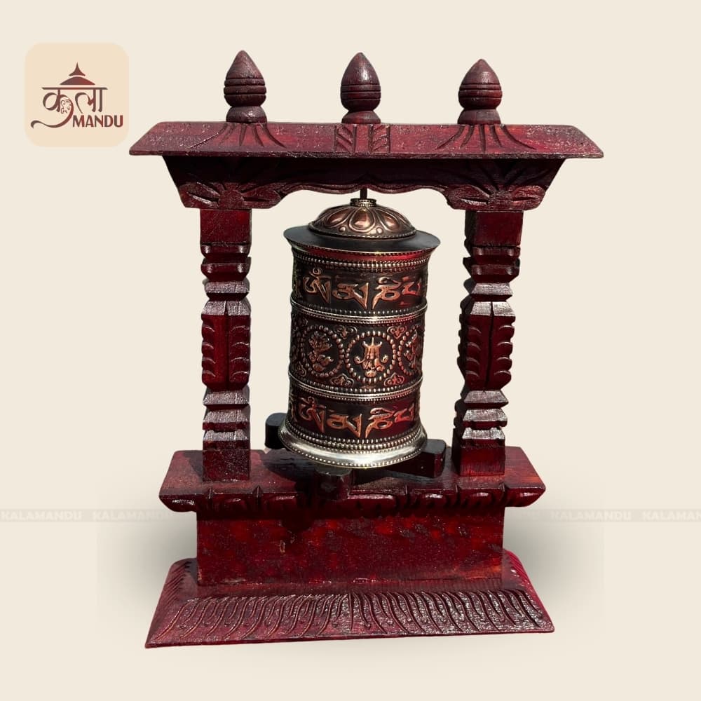 10" Astamangle Prayer Wheel on Wooden Frame with Base