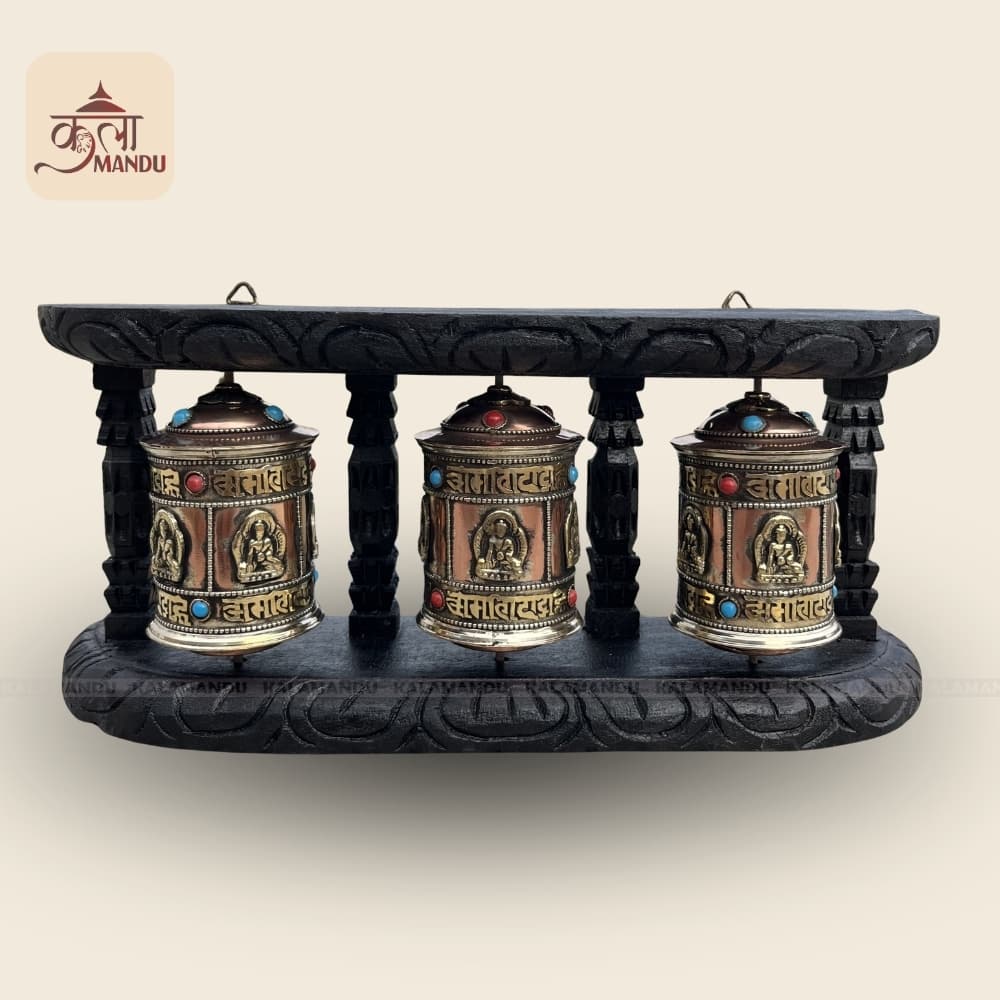 Buddha 3 Prayer Wheels/Mane on Wooden Frame