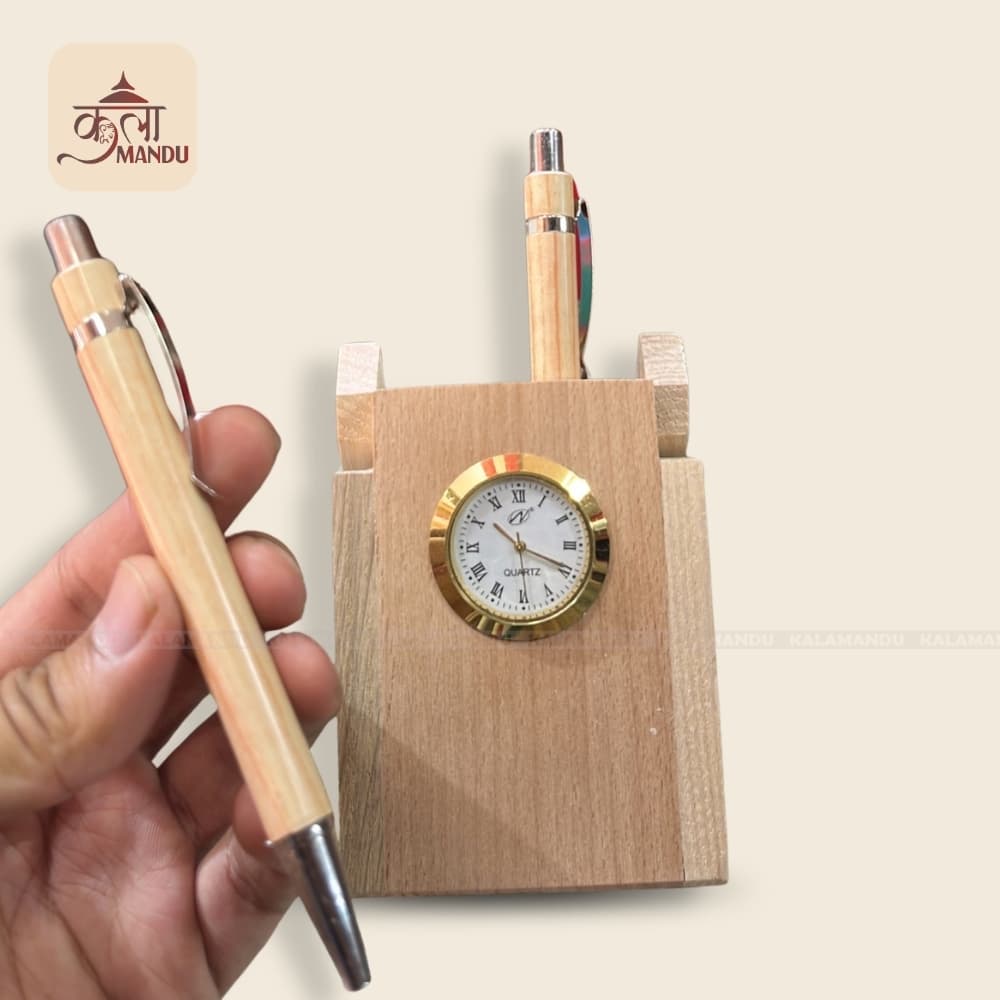 Wooden Pen holder with clock thumbnail 2